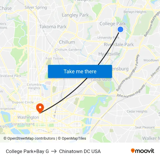 College Park+Bay G to Chinatown DC USA map