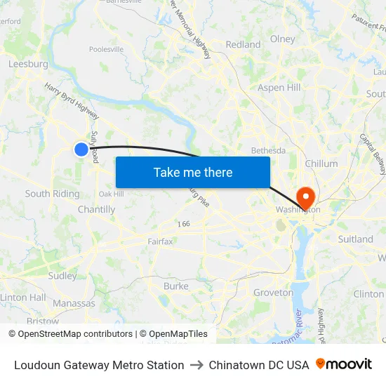 Loudoun Gateway Metro Station to Chinatown DC USA map
