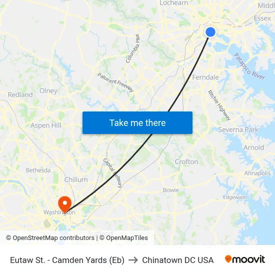 Eutaw St. - Camden Yards (Eb) to Chinatown DC USA map
