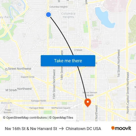 Nw 16th St & Nw Harvard St to Chinatown DC USA map