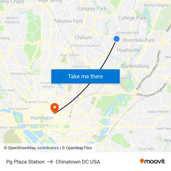 Pg Plaza Station to Chinatown DC USA map