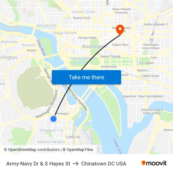 Army-Navy Dr & S Hayes St to Chinatown DC USA map
