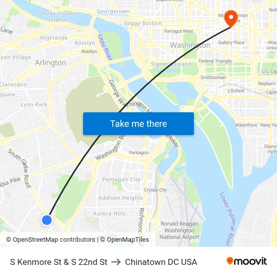 S Kenmore St & S 22nd St to Chinatown DC USA map