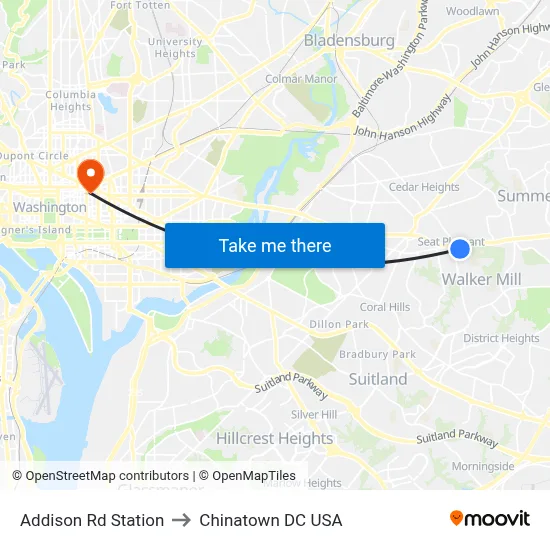 Addison Rd Station to Chinatown DC USA map