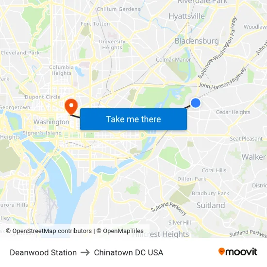 Deanwood Station to Chinatown DC USA map