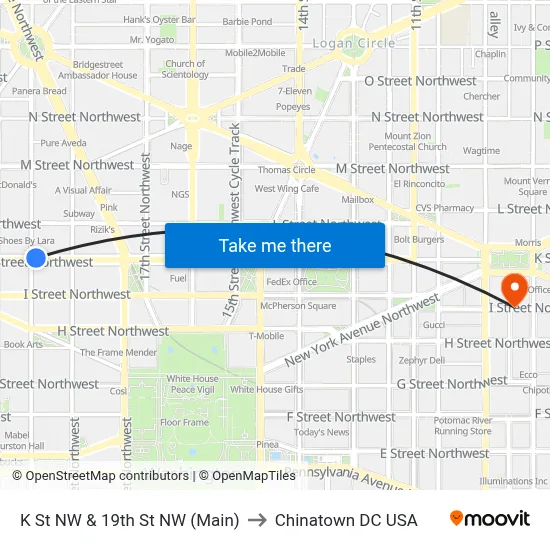 K St NW & 19th St NW (Main) to Chinatown DC USA map