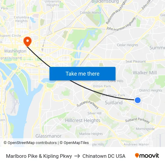Marlboro Pike & Kipling Pkwy to Chinatown DC USA map
