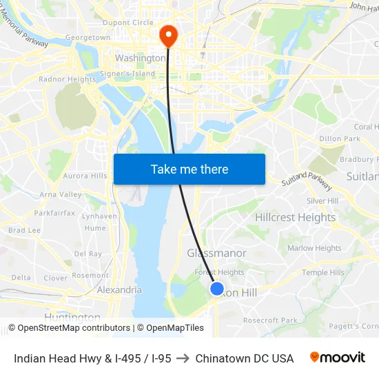 Indian Head Hwy & I-495 / I-95 to Chinatown DC USA map