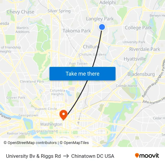 University Bv & Riggs Rd to Chinatown DC USA map