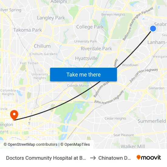 Doctors Community Hospital at Bus Shelter to Chinatown DC USA map