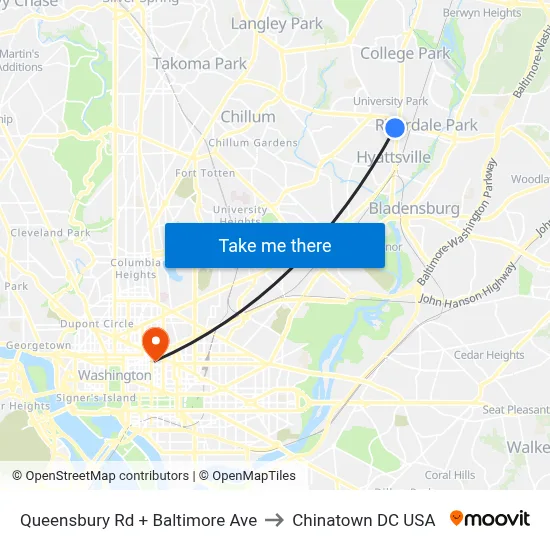 Queensbury Rd + Baltimore Ave to Chinatown DC USA map