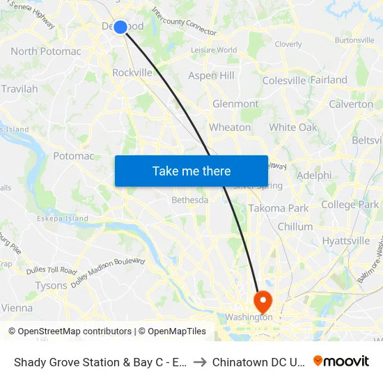 Shady Grove Station & Bay C - East to Chinatown DC USA map