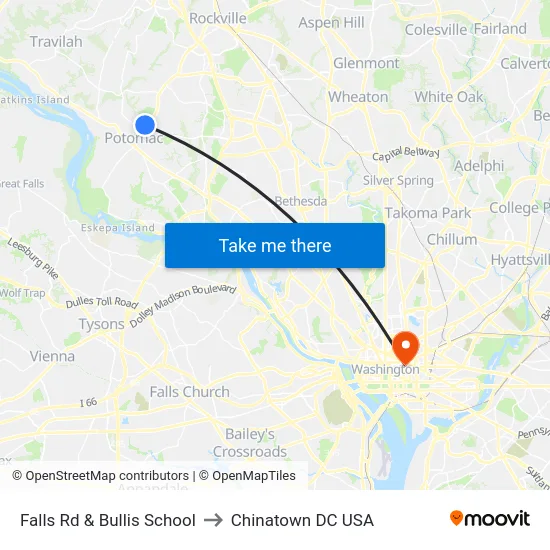 Falls Rd & Bullis School to Chinatown DC USA map