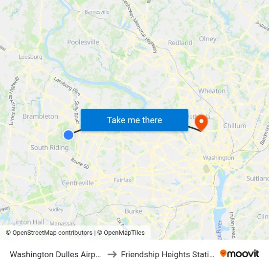 Washington Dulles Airport to Friendship Heights Station map