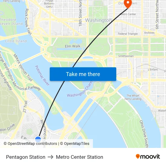 Pentagon Station to Metro Center Station map