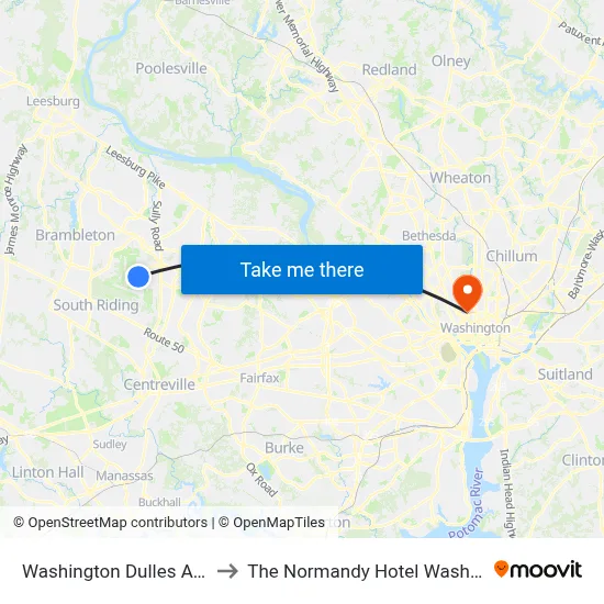 Washington Dulles Airport to The Normandy Hotel Washington map