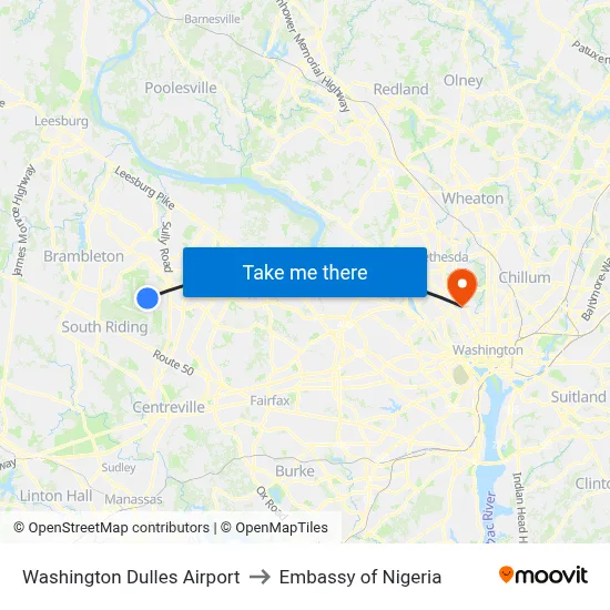 Washington Dulles Airport to Embassy of Nigeria map