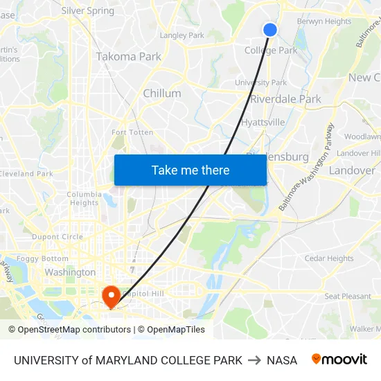 UNIVERSITY of MARYLAND COLLEGE PARK to NASA map