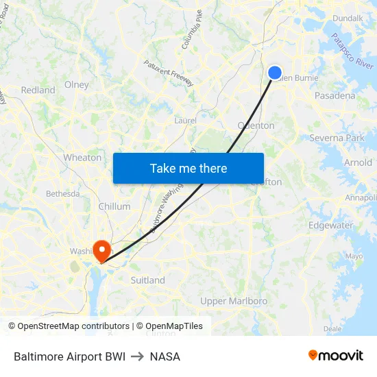Baltimore Airport BWI to NASA map