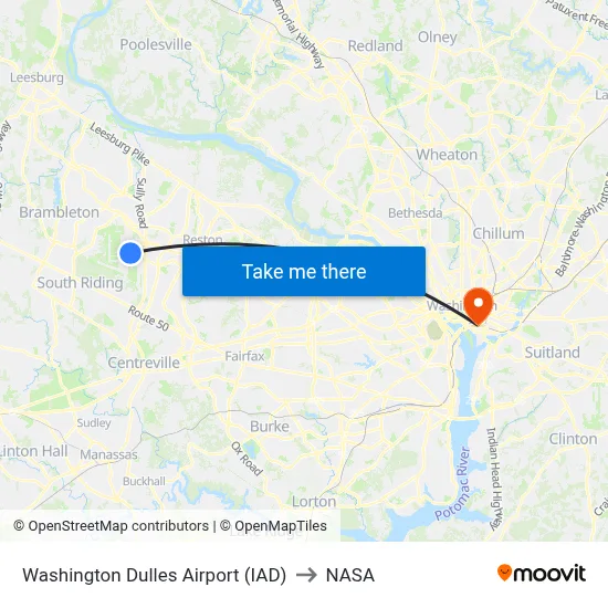 Washington Dulles Airport (IAD) to NASA map