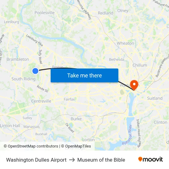 Washington Dulles Airport to Museum of the Bible map