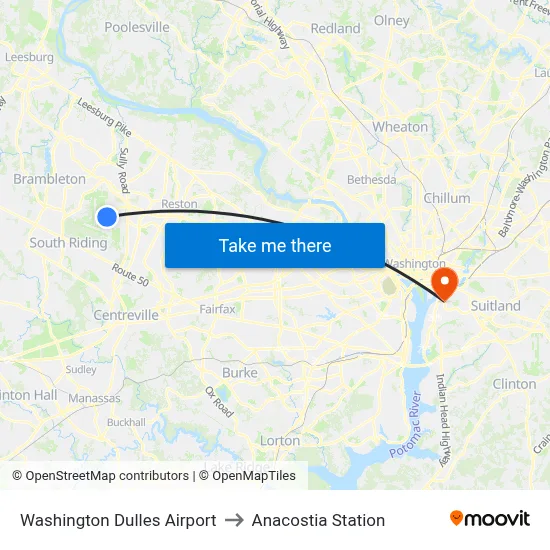 Washington Dulles Airport to Anacostia Station map