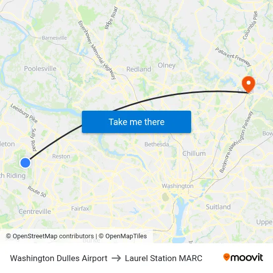 Washington Dulles Airport to Laurel Station MARC map
