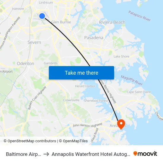 Baltimore Airport BWI to Annapolis Waterfront Hotel Autograph Collection map