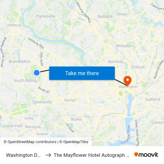 Washington Dulles Airport to The Mayflower Hotel Autograph Collection Washington map