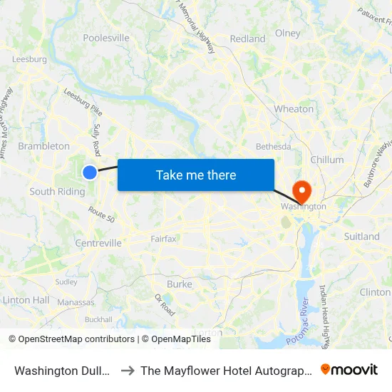 Washington Dulles Airport (IAD) to The Mayflower Hotel Autograph Collection Washington map