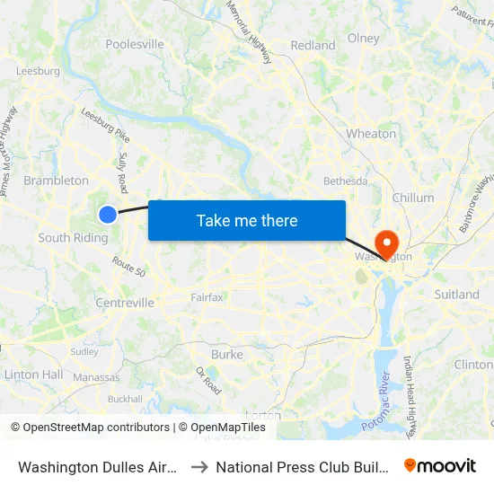 Washington Dulles Airport to National Press Club Building map