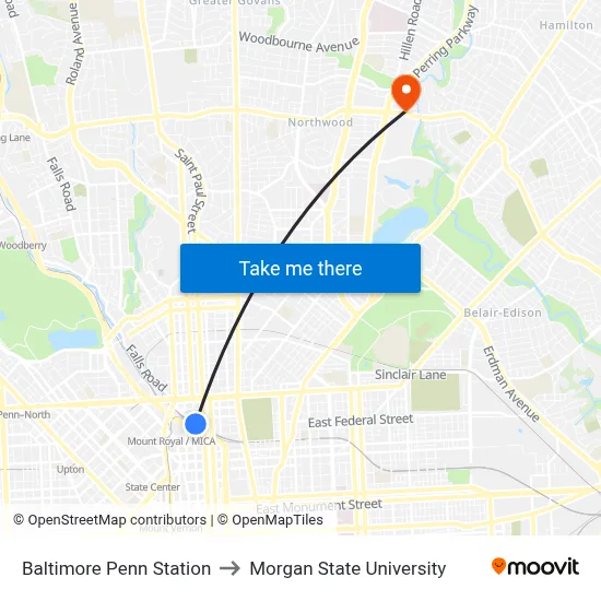 Baltimore Penn Station to Morgan State University map
