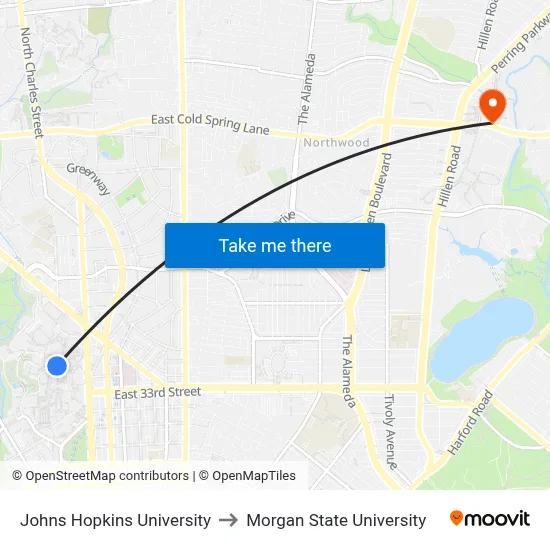 Johns Hopkins University to Morgan State University map