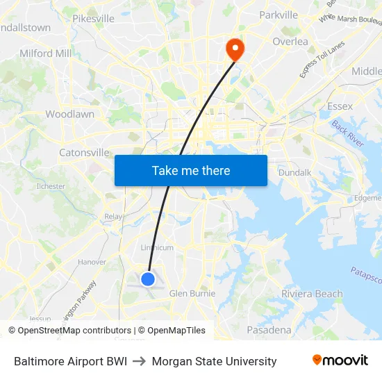 Baltimore Airport BWI to Morgan State University map