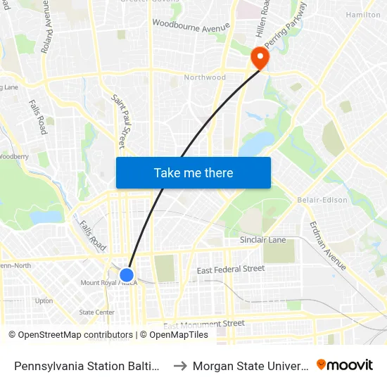 Pennsylvania Station Baltimore to Morgan State University map