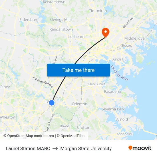 Laurel Station MARC to Morgan State University map