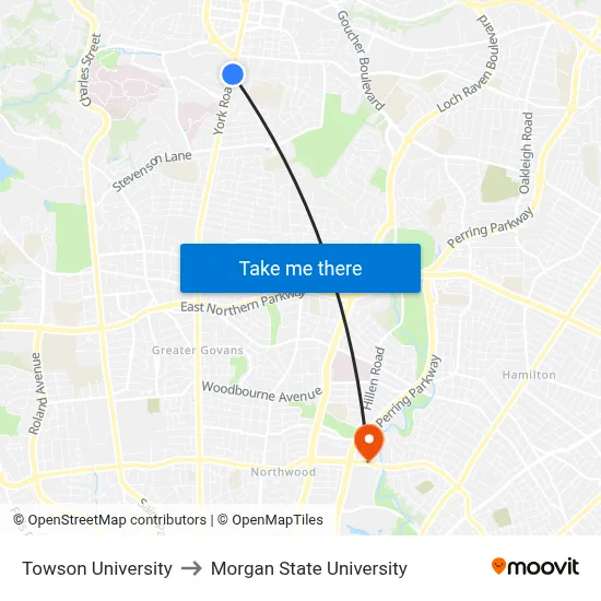 Towson University, 8000 York Rd to Morgan State University map