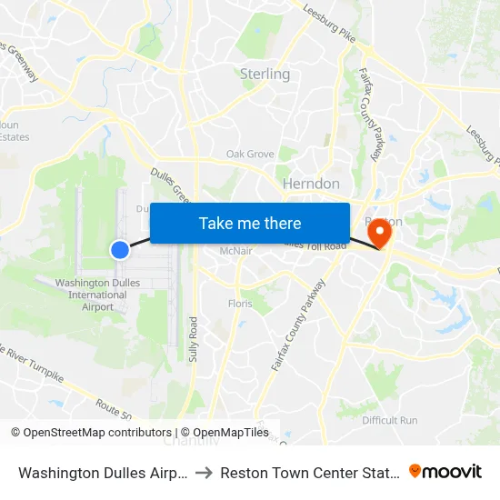 Washington Dulles Airport to Reston Town Center Station map
