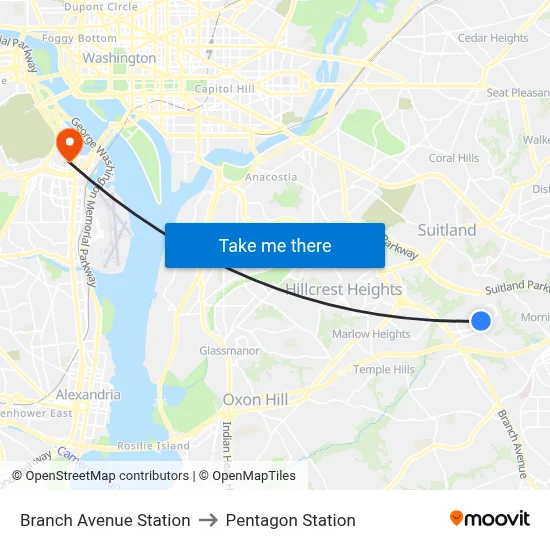 Branch Avenue Station to Pentagon Station map
