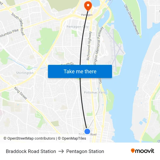 Braddock Road Station to Pentagon Station map