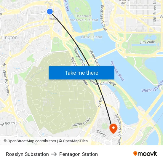 Rosslyn Substation to Pentagon Station map
