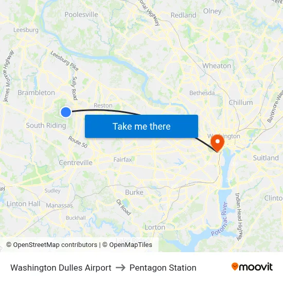 Washington Dulles Airport to Pentagon Station map