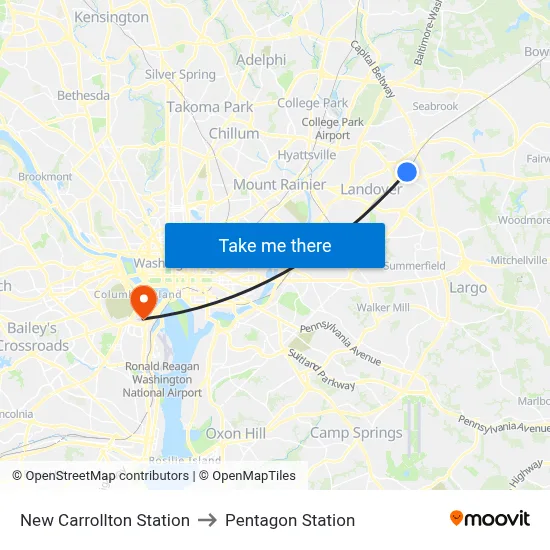 New Carrollton Station to Pentagon Station map