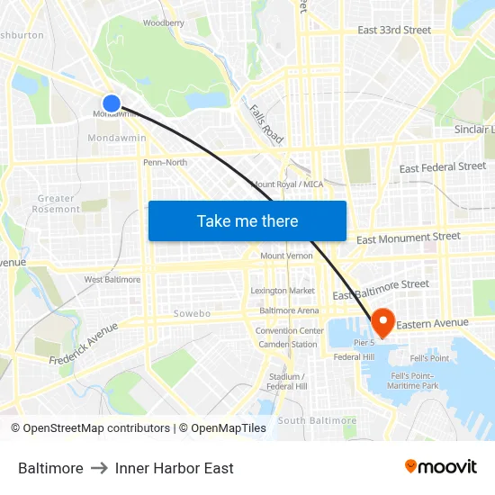 Baltimore to Inner Harbor East map