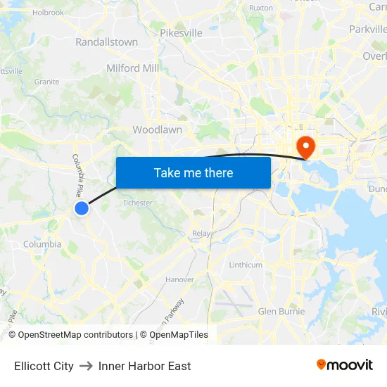 Ellicott City to Inner Harbor East map
