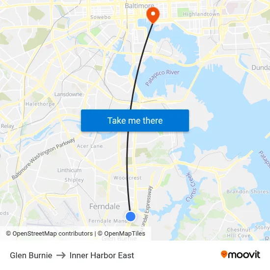 Glen Burnie to Inner Harbor East map