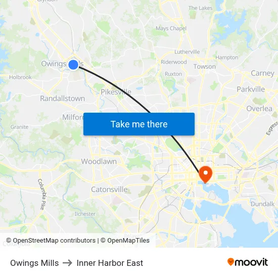 Owings Mills to Inner Harbor East map