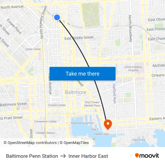 Baltimore Penn Station to Inner Harbor East map