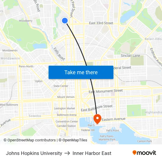 Johns Hopkins University to Inner Harbor East map