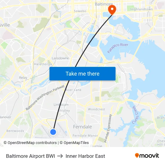 Baltimore Airport BWI to Inner Harbor East map